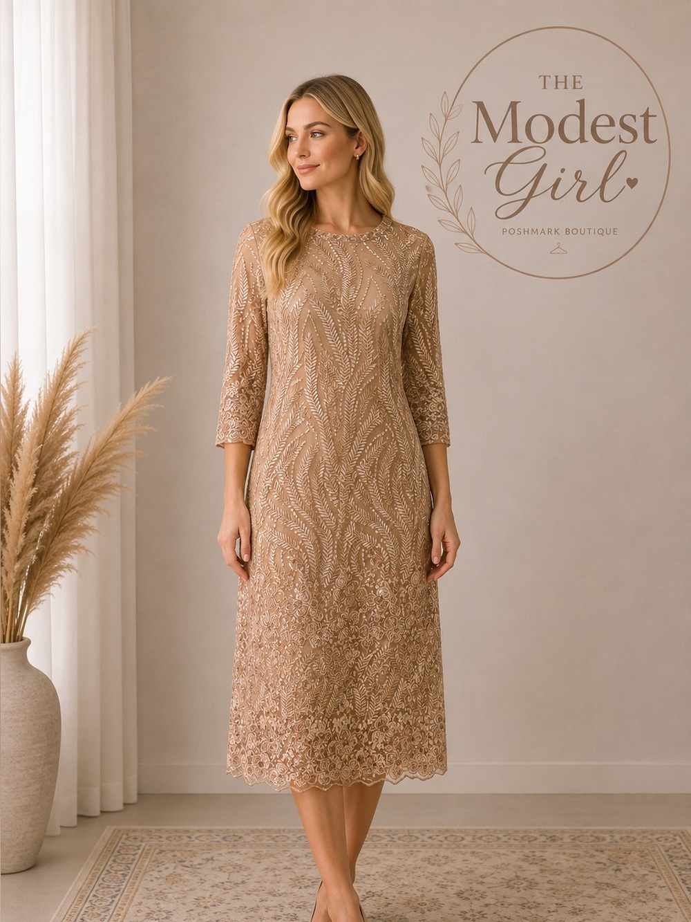Modest Embroidered Lace Midi Dress in Taupe